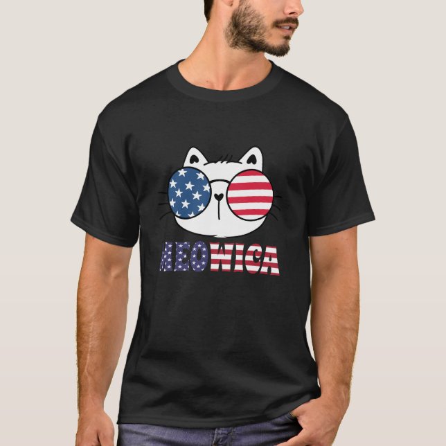 Funny Cat 4th Of July Meowica American Flag USA T-Shirt (Front)