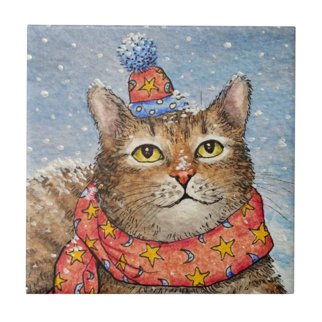 Funny Cat 629 Winter Snow Ceramic Tile (Front)