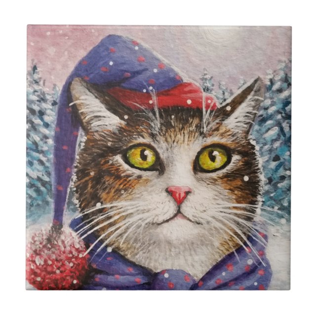 Funny Cat 631 Winter Snow Ceramic Tile (Front)