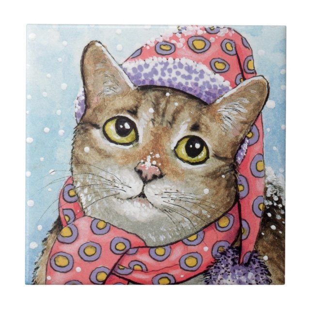 Funny Cat 642 Winter Snow Ceramic Tile (Front)
