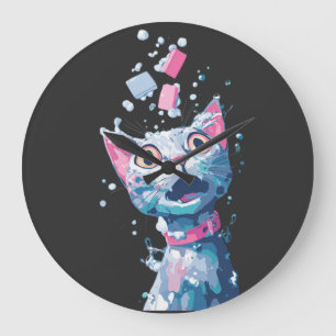 Funny Cat Afraid of Water – Cute Bath Time Cat T-S Large Clock