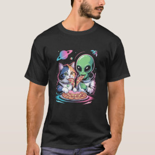 Funny Cat and Alien Sharing Pizza Space UFO for Me T-Shirt