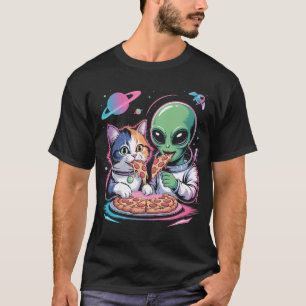 Funny Cat And Alien Sharing Pizza Space Ufo For Me T-Shirt