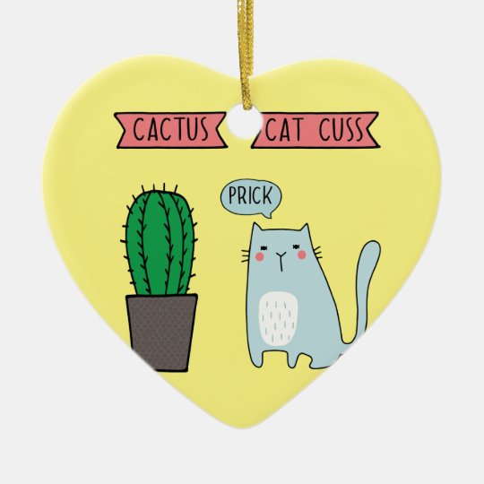 Funny cat and cactus ceramic ornament