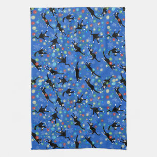 Funny Cat and Christmas lights pattern Tea Towel