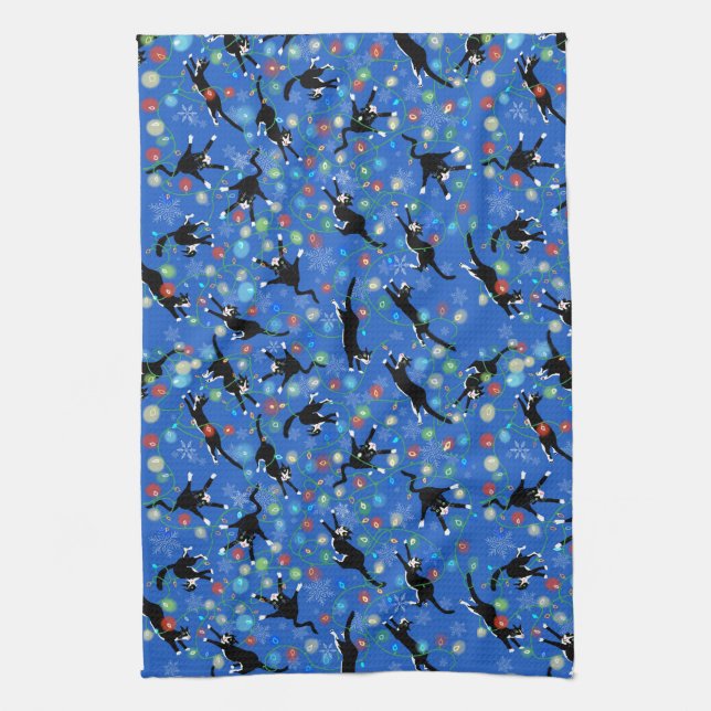 Funny Cat and Christmas lights pattern Tea Towel (Vertical)