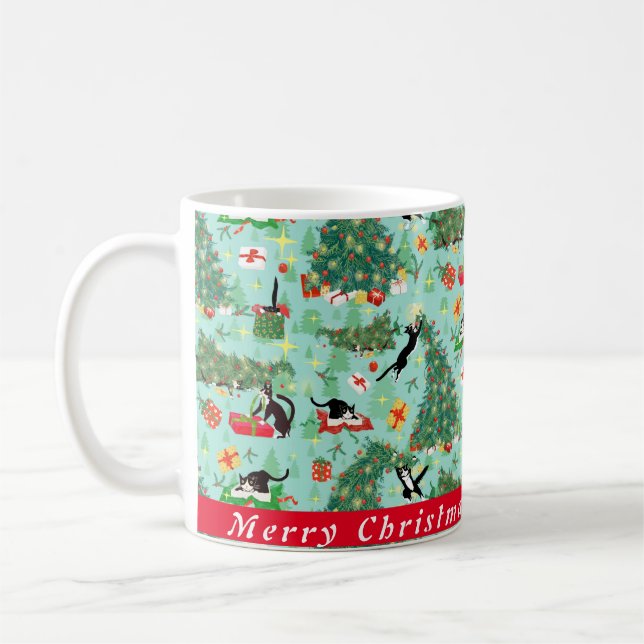 Funny Cat and Christmas Tree Custom Coffee Mug (Left)