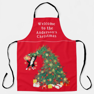Funny Cat and Christmas Tree Personalised Red  Apron