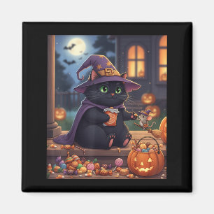 Funny Cat And Cute Mouse Halloween Pumpkin Black Magnet