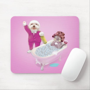 Funny Cat and Dog Celebrating Together Mouse Pad