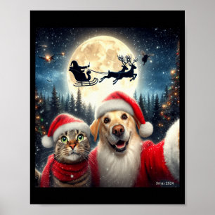 Funny Cat And Dog Selfie With Santa Claus Christma Poster
