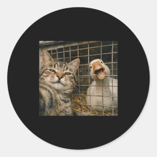 Funny cat and goose selfie weird animal friendship classic round sticker
