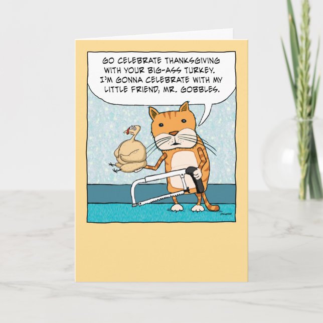 Funny Cat and Little Turkey Thanksgiving Card (Front)