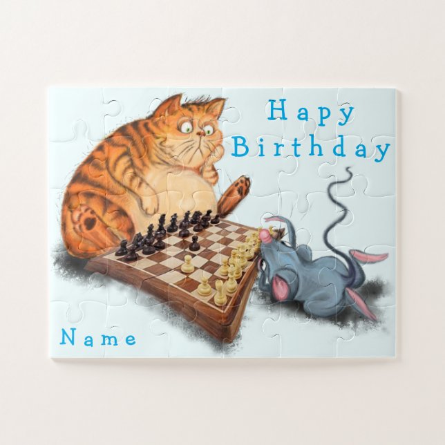 Funny Cat and Mous Custom Name Birthday Puzzle (Horizontal)