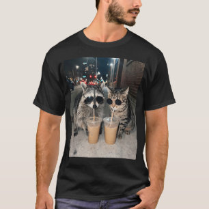 Funny Cat And Racoon Drinking Iced Coffee T-Shirt
