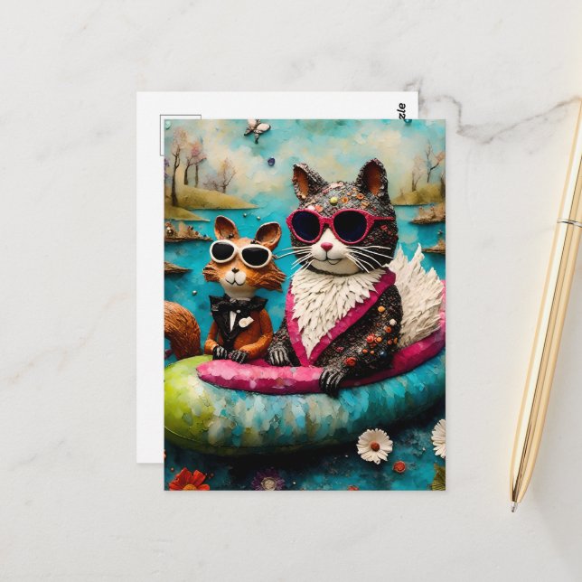 Funny Cat and Squirrel Float Trip Postcard (Front/Back In Situ)