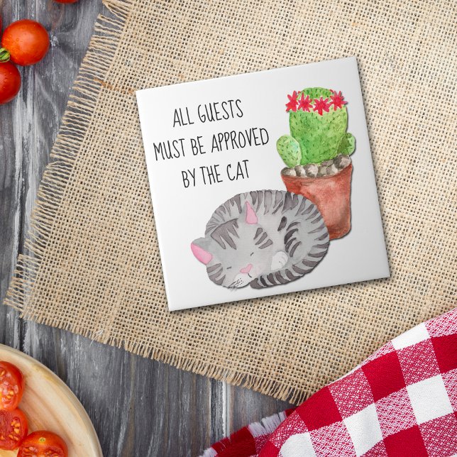 Funny Cat Approving Guests Ceramic Tile (Creator Uploaded)