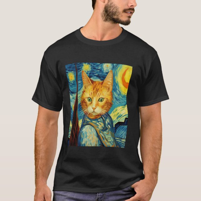 Funny cat art painting Cat Lover Starry Night Cat  T-Shirt (Front)