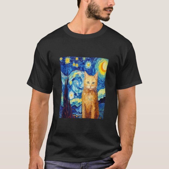 Funny cat art painting Cat Lover Starry Night Cat  T-Shirt (Front)