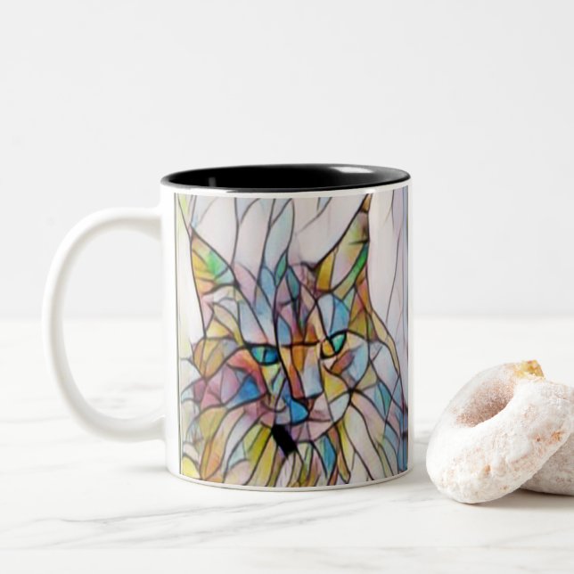 Funny Cat Artwork Two-Tone Coffee Mug (With Donut)