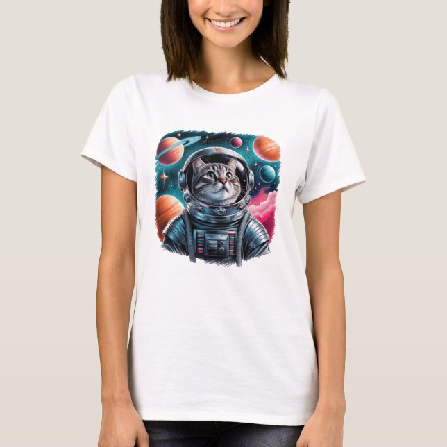 Funny Cat Astronaut In Space T-Shirt (Front)