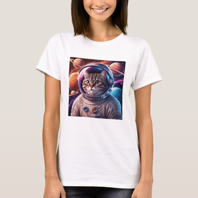 Funny Cat Astronaut In Space T-Shirt (Front)