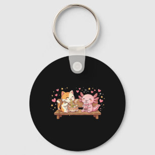 Funny Cat Axolotl Eating Ramen Noodles Boba Kawaii Key Ring