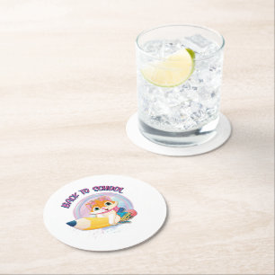 Funny Cat Back To School Round Paper Coaster
