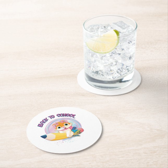 Funny Cat Back To School Round Paper Coaster (Insitu)
