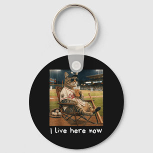 Funny Cat Baseball Field Ballfield I Live Here Now Key Ring