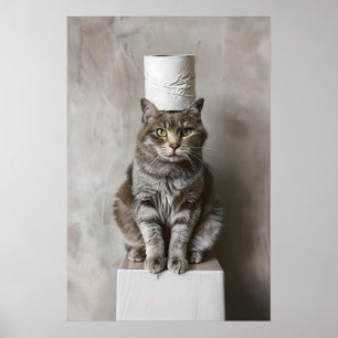 Funny Cat Bathroom Wall Art, Hilarious Cat with Poster