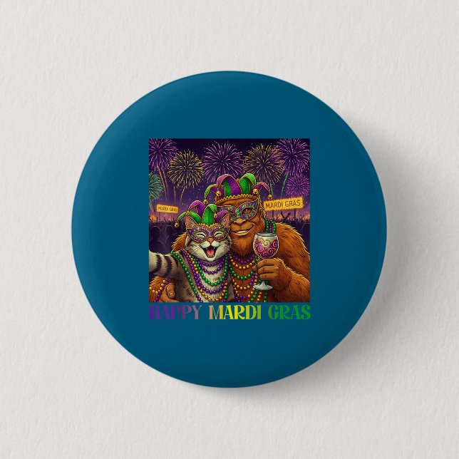 Funny Cat Bigfoot Selfie Mardi Gras Carnival Party 6 Cm Round Badge (Front)