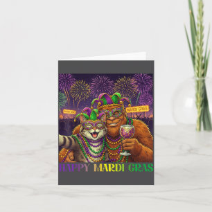 Funny Cat Bigfoot Selfie Mardi Gras Carnival Party Card