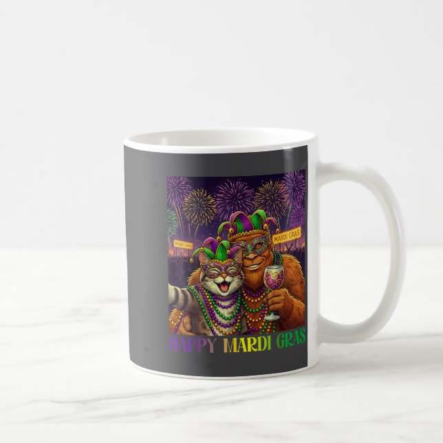 Funny Cat Bigfoot Selfie Mardi Gras Carnival Party Coffee Mug (Right)