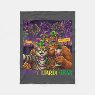 Funny Cat Bigfoot Selfie Mardi Gras Carnival Party Fleece Blanket
