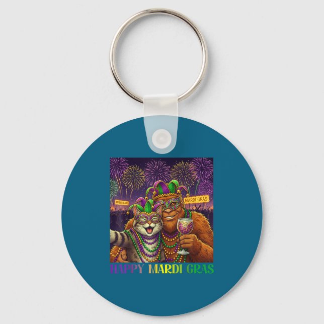 Funny Cat Bigfoot Selfie Mardi Gras Carnival Party Key Ring (Front)