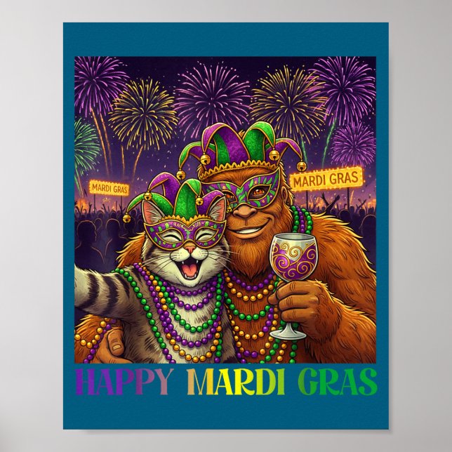 Funny Cat Bigfoot Selfie Mardi Gras Carnival Party Poster (Front)