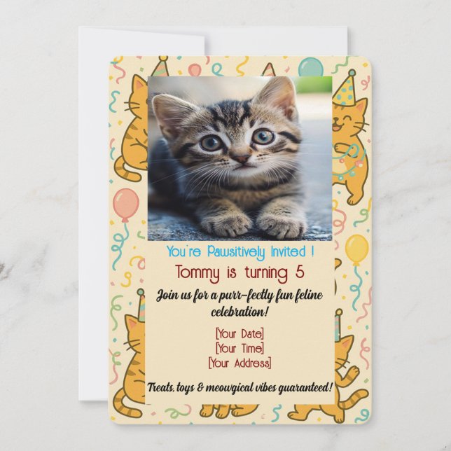 Funny Cat Birthday Invitation Card – Custom Photo (Front)