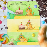 Funny Cat Birthday postcard<br><div class="desc">Send this cute birthday card to your favourite cat person. This card is a comic in which an orange tabby gets a cake and then proceeds to throw it off the counter, in typical cat fashion. All cat owners will recognise this behaviour. This humourous cat card is sure to get...</div>