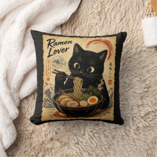 Funny Cat Black Ramen Japanese Art Style  Cushion