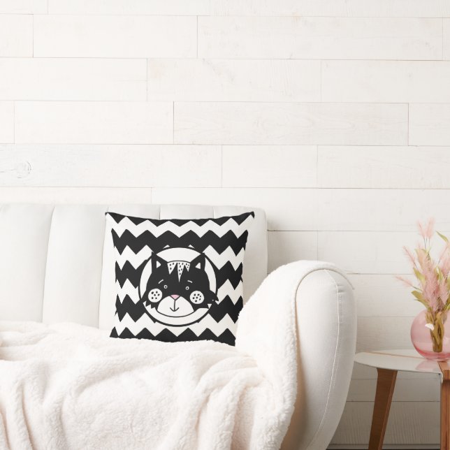 Funny Cat Black & White Chevron Cushion (Couch)