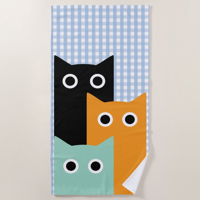 Funny Cat, Blue Gingham Beach Towel (Front)