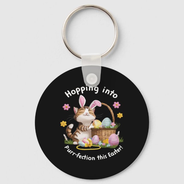 Funny Cat Bunny Ears Happy Easter Eggs Bysket Cand Key Ring (Front)