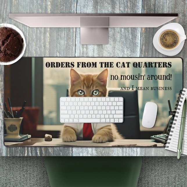 Funny Cat Business Desk Mat (Desk mat featuring a cute cat in office outfit behind a desk and your custom funny (or other) texts)