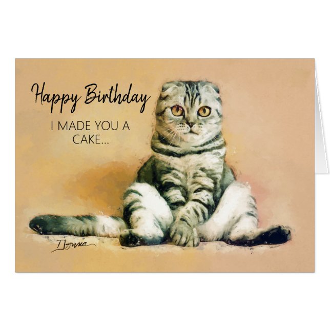 Funny Cat Cake Happy Birthday Greeting Card (Front Horizontal)