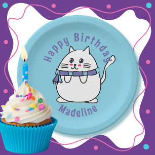 Funny Cat Cartoon Blue White Personalised Birthday Paper Plate