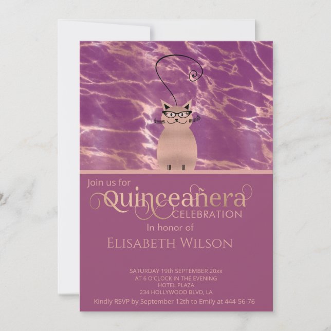 Funny cat Cassis rose gold marble  Quinceañera Invitation (Front)