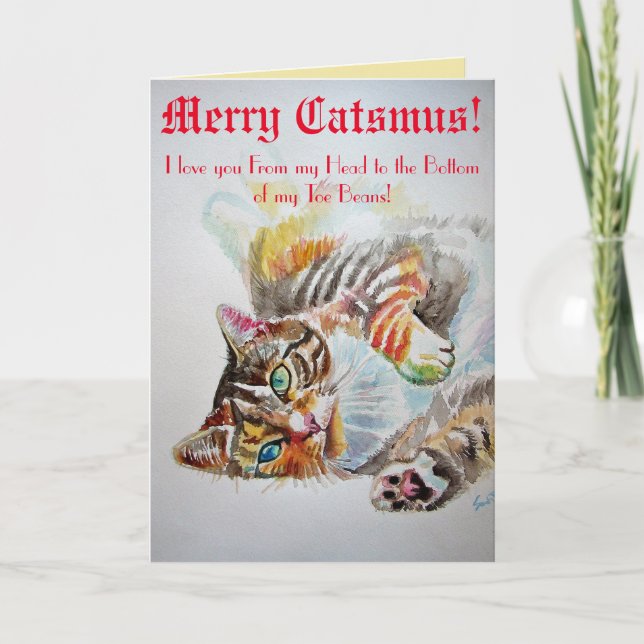 Funny Cat cats Love Toe Beans Merry Christmas Card (Front)