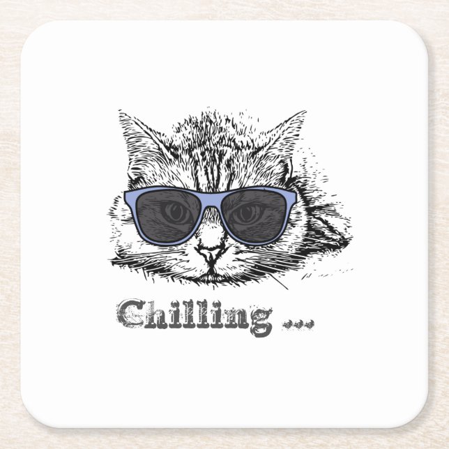Funny Cat Chilling With Cute Sunglasses      Square Paper Coaster (Front)