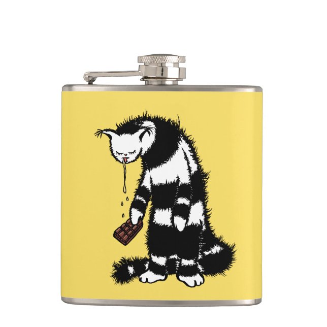 Funny Cat Chocolate Lover - Ink Drawn Drooling Cat Hip Flask (Front)